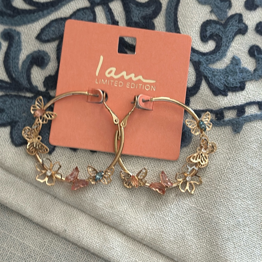 Butterfly Gold Tone Hoops Pastel Stones Inside Butterfly Nwt